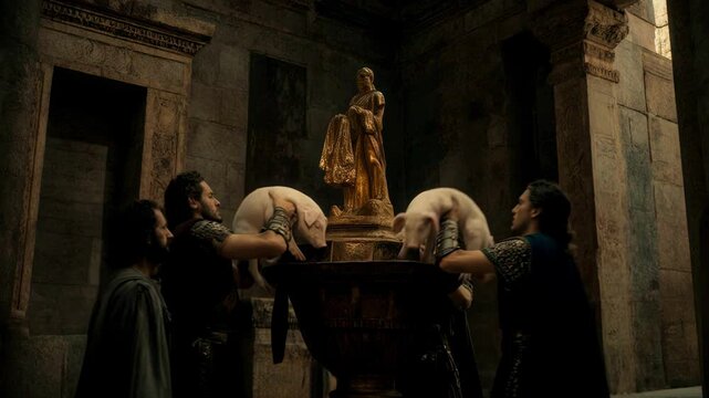 Roman soldiers desecrating a temple with a sacrifice. Legionaries placing pigs near a golden statue. Roman rule in ancient Judea concept