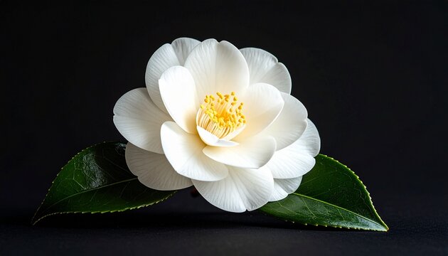 White Camellia Flower with Green Leaves.
