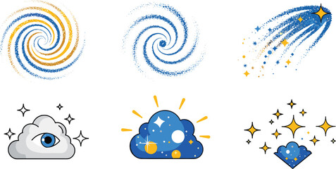 Cosmic and Starry Icons Set with Galaxy, Comet, Clouds, Sparkles, and Celestial Symbols for Space, Astronomy, and Mystical Illustrations © Emdadul