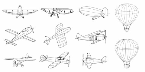 Collection of vintage aircraft and airships in wireframe outline style © SreemotiRaba