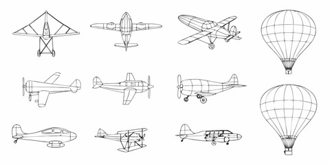 Various aerial vehicles illustrated in a minimalist line art style © SreemotiRaba