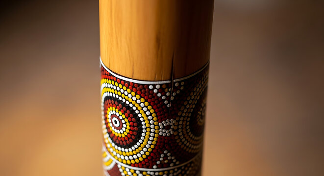Close-up of a traditional Aboriginal didgeridoo with dot painting detail