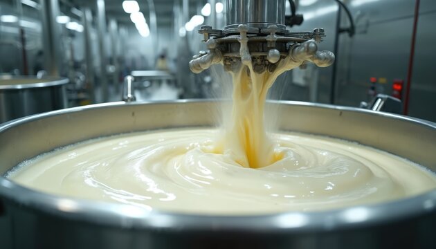 Industrial tank with agitator mixes creamy liquid. Stainless steel machine churns food product in large factory vat. Modern production process in dairy plant.