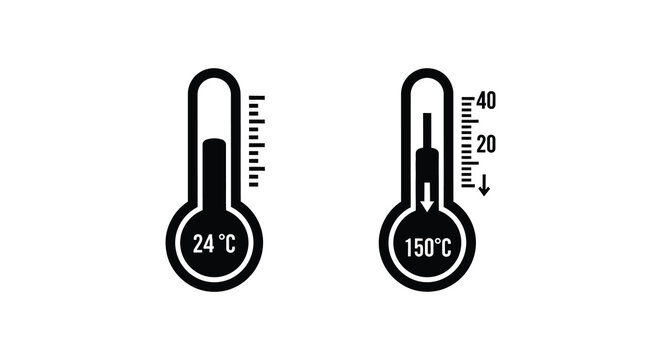 Two black thermometers displaying celsius and fahrenheit a graphic silhouette