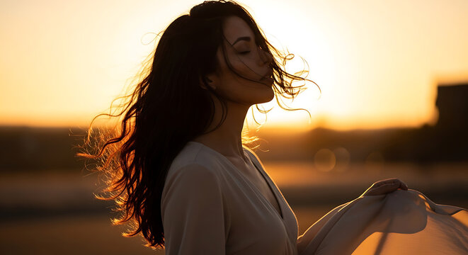Serene woman with windblown hair bathed in golden sunset light, embracing tranquility