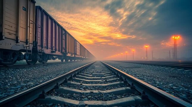 A train travels along railroad tracks towards a vibrant sunset in a serene landscape