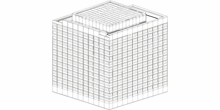 Wireframe rendering of a modern multi story skyscraper with a flat roof