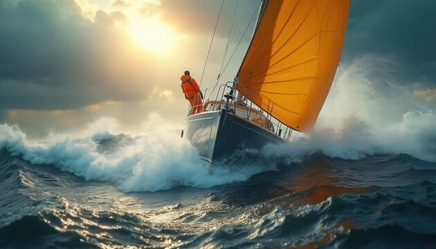 Sailboat sails through rough ocean waves under dramatic sky. A lone sailor braves storm conditions on a challenging sea journey. Adventure and resilience are key themes.