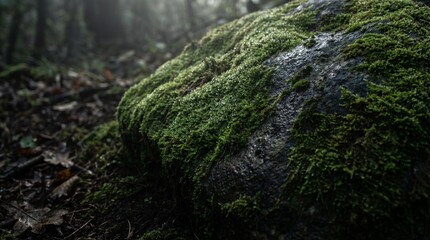 Obraz premium Moss covered rock with dew droplets, cinematic macro, rich green tones, dark background