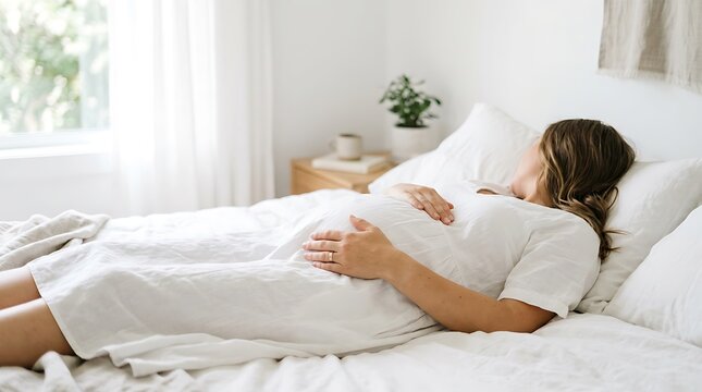 A pregnant woman rests peacefully in bed with her hands gently cradling her growing baby bump