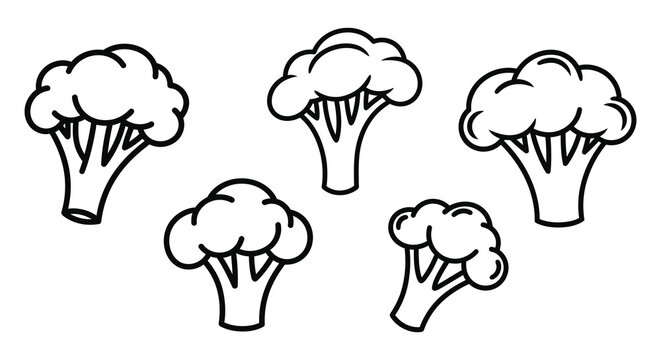 Five broccoli florets depicted in a simple black outline silhouette