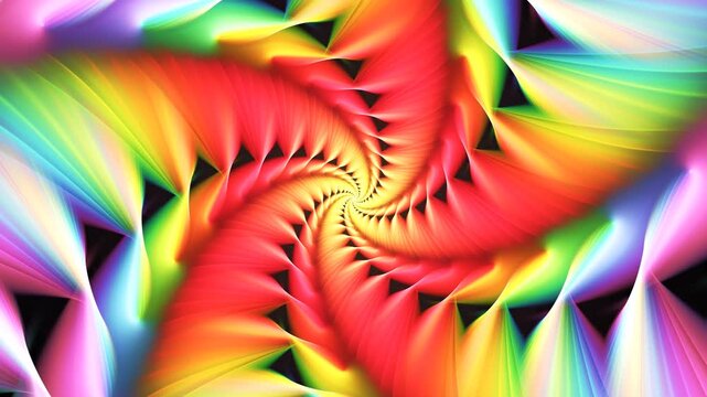 Spectrum radiating spiral vibes circulating on dark background and forming bright red flower shape in centre. Glowing floral pattern having spiraliform motion. Rainbow backdrop spin. 4K UHD 4096x2304