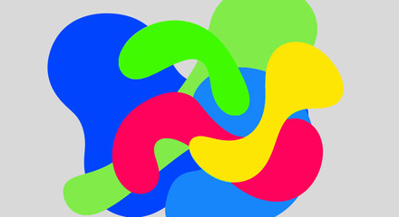 Abstract composition of intertwined, fluid, colorful organic shapes creating a dynamic and modern visual design on a light background. © IMRONI