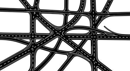 An intricate overhead view of a complex, abstract road network with multiple intersecting highways and overpasses on a white background. © IMRONI