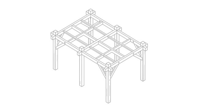 Isometric wireframe drawing of a timber frame structure, possibly a pergola or gazebo, showing posts, beams, and a grid roof.