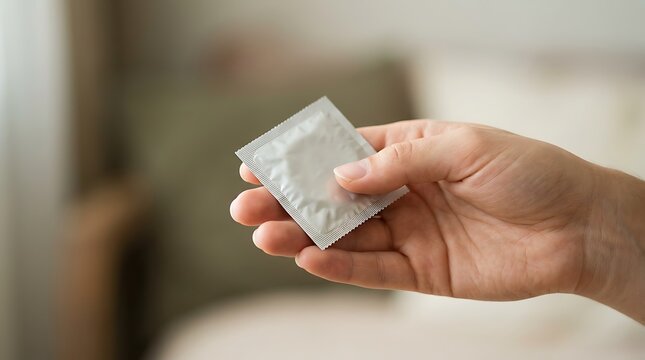 Closeup of a persons hand holding a single foilwrapped condom package ready for use in a safe sex situation