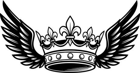 Black and white heraldic crown with fleur de lis and feathered wings emblem royalty © Shakib
