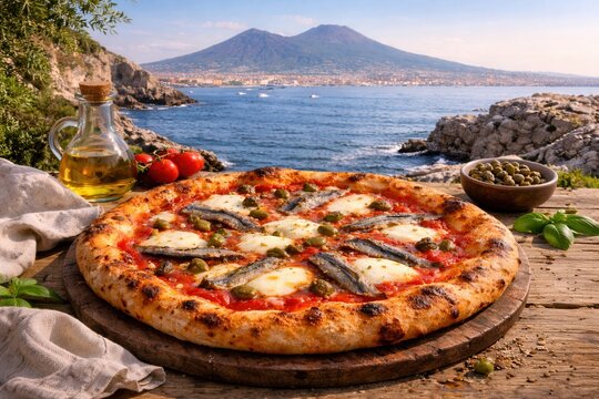 Neapolitanische Pizza mit Blick auf den Vesuv
Neapolitanische Pizza mit Sardellen, Kapern und Mozzarella auf Holztisch vor K&uuml;ste, Meer und dem Vesuv bei Neapel.