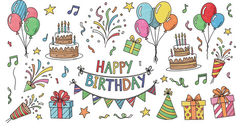 Hand drawn birthday celebration cakes balloons and gifts watercolor style © MSTKASPIYA