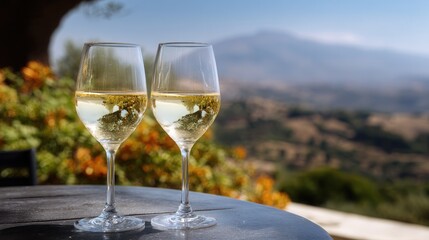Fototapeta premium Two wine glasses with pale yellow wine sit on a dark wooden table, reflecting foliage. Blurred mountains and clear blue sky hint at an outdoor terrace. Warm sunlight highlights clarity and wood grain.