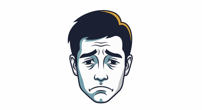 Cartoon portrait of a worried man with dark hair, furrowed brow