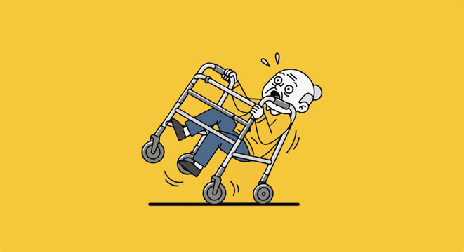 Cartoon elder man struggling with a walker, falling over