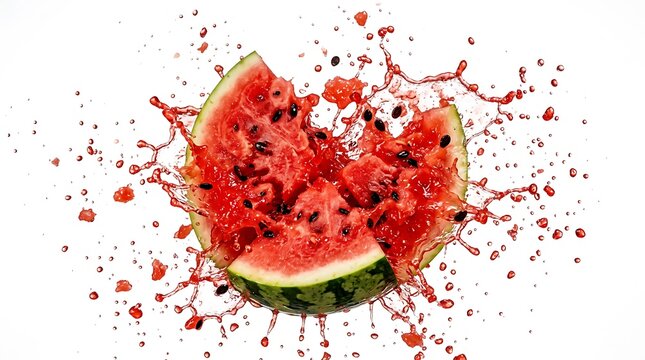 Juicy red watermelon slices exploding with liquid droplets and seeds flying through the air against a stark white background