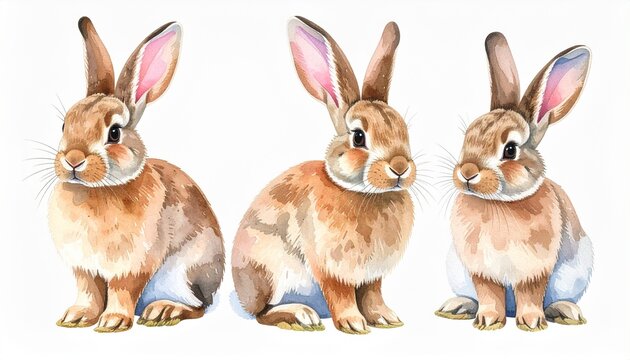 Watercolor Illustration of Three Adorable Brown Rabbits on White Background.