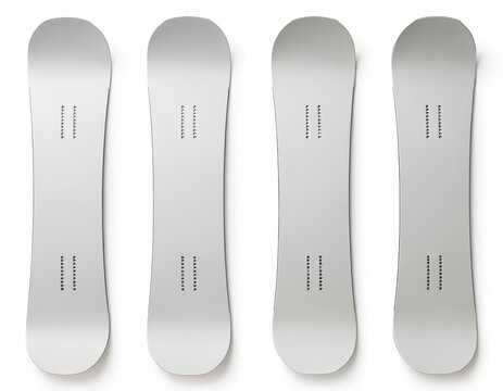 Four plain white snowboards stand vertically aligned on a clean white surface. These boards are ready for custom design or branding, suitable for winter sports advertising.