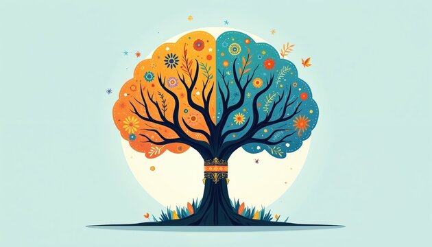 Stylized tree with two-toned foliage in orange and blue, decorated with tribal patterns and flowers. Represents growth diversity connection and heritage. Roots connect.