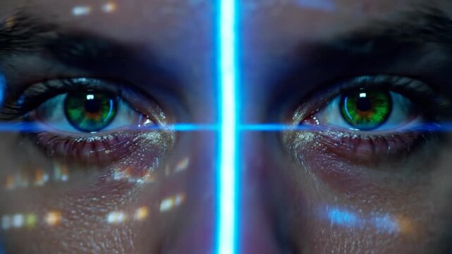 Close-up of a person's eye with green iris and blue laser scan lines.