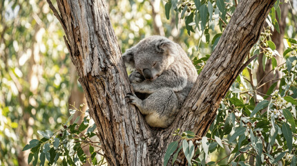 Obraz premium A koala is seen curled up on a tree branch in a natural habitat