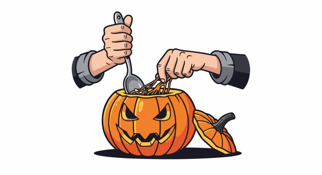 Carving a spooky jack-o'-lantern with a spoon and hands