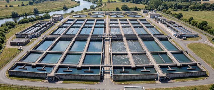 aerial drone view of large industrial wastewater treatment facility, rectangular aeration tanks in grid near river, environmental engineering, water management, sewage, sustainability, ecology