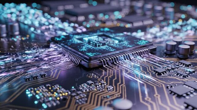 Close-up view of a futuristic computer processor with glowing blue circuits and data streams, symbolizing advanced technology and digital information flow