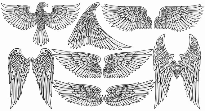 Collection of stylized wings and an eagle, featuring intricate knotwork designs
