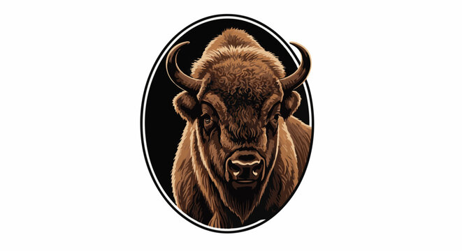 Close-up pixelated portrait of a brown bison's head in an oval frame