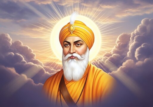 Spiritual portrait of bearded sikh guru wearing orange turban with glowing halo surrounded by clouds and radiant light, serene expression, religious symbolism, divine atmosphere and peaceful sky backg