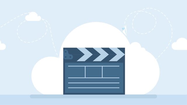 Movie clapper falls from above. Camera and action. Cinema, television program production object. Open clapperboard. Filmmaker's clapperboard shape. Hollywood Film. Looped movement. 2d flat animation