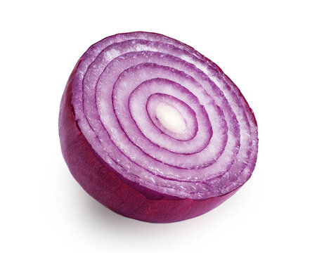 Fresh red onion half isolated closeup