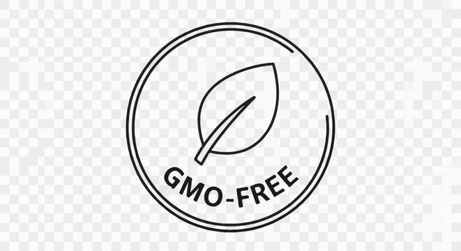 Circular emblem with leaf graphic and text "GMO-FREE" indicating product safety