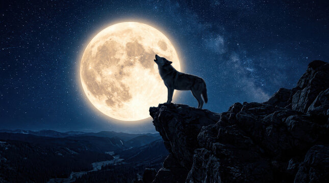 A wolf stands on a rocky ledge and howls towards a bright full moon in the night sky