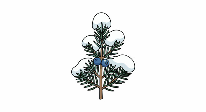 Cartoon illustration of a small pine branch with berries and snow