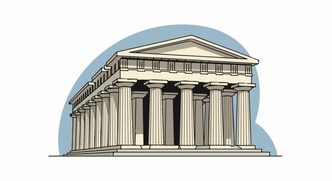 Classical Greek temple with fluted columns and a triangular pediment, light blue backdrop