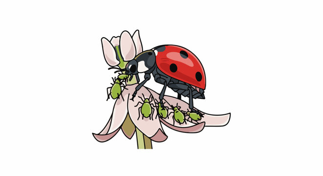 Cartoon ladybug on a pink flower eating green aphids, white background