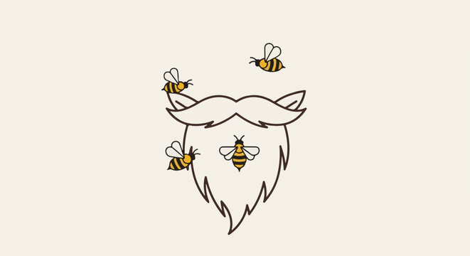 Cartoon beard with mustache and buzzing bees against a light background