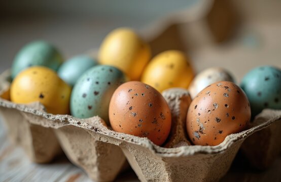 Assortment of colorful quail eggs in a cardboard carton. Natural hues of brown, blue, and yellow eggs speckled with spots. Shallow focus on foreground eggs.
