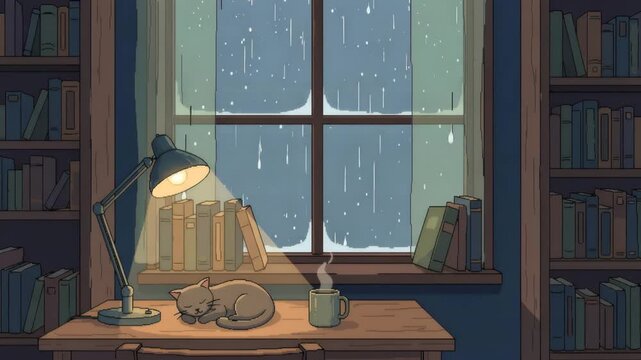 4K virtual backgrounds loop animation for stream overlay, meditation, smooth jazz or white noise video. cozy lo-fi background, rainfall or snowfall. live wallpaper 