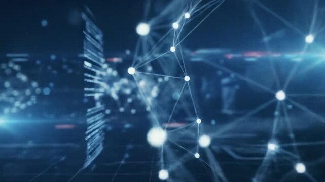 Dynamic futuristic abstract animation with glowing white points interconnected by luminous lines in an evolving digital network. Sweeping virtual camera glides through deep dark blue background with
