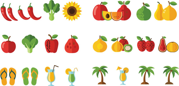 Flat Tropical Fruits and Summer Elements Set with Apples Peppers Pears Drinks Palm Trees and Beach Accessories Colorful Vector Illustration Collection